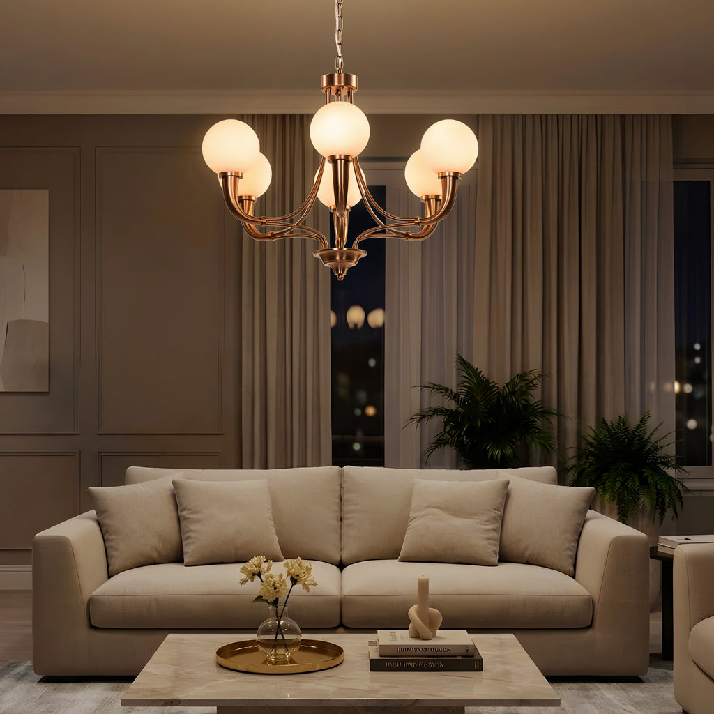 White Teak Kenswick Gold Frosted Glass Chandelier