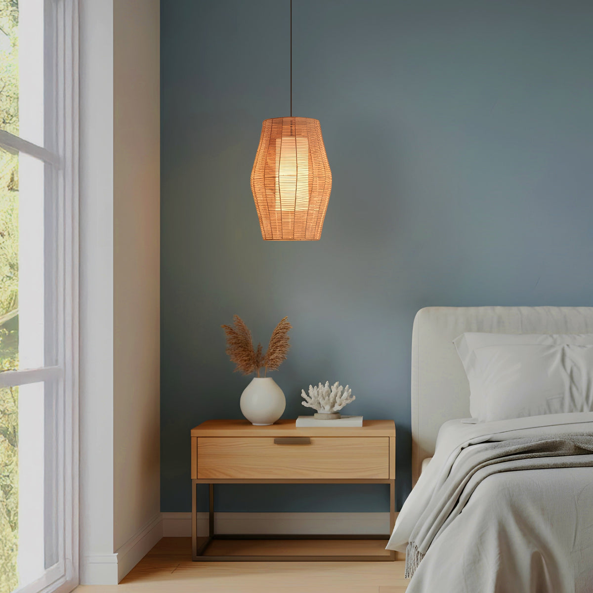 White Teak Sunlight Shore Beige Rattan Pendant Light