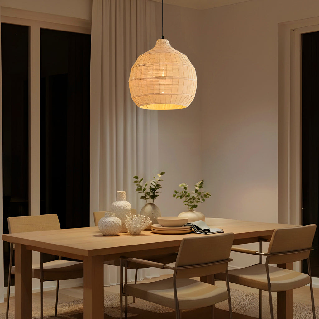 White Teak Bayfront Basket Beige Rattan Pendant Light