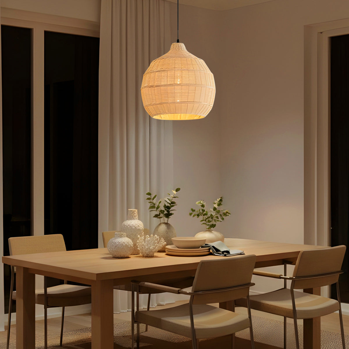 White Teak Bayfront Basket Beige Rattan Pendant Light