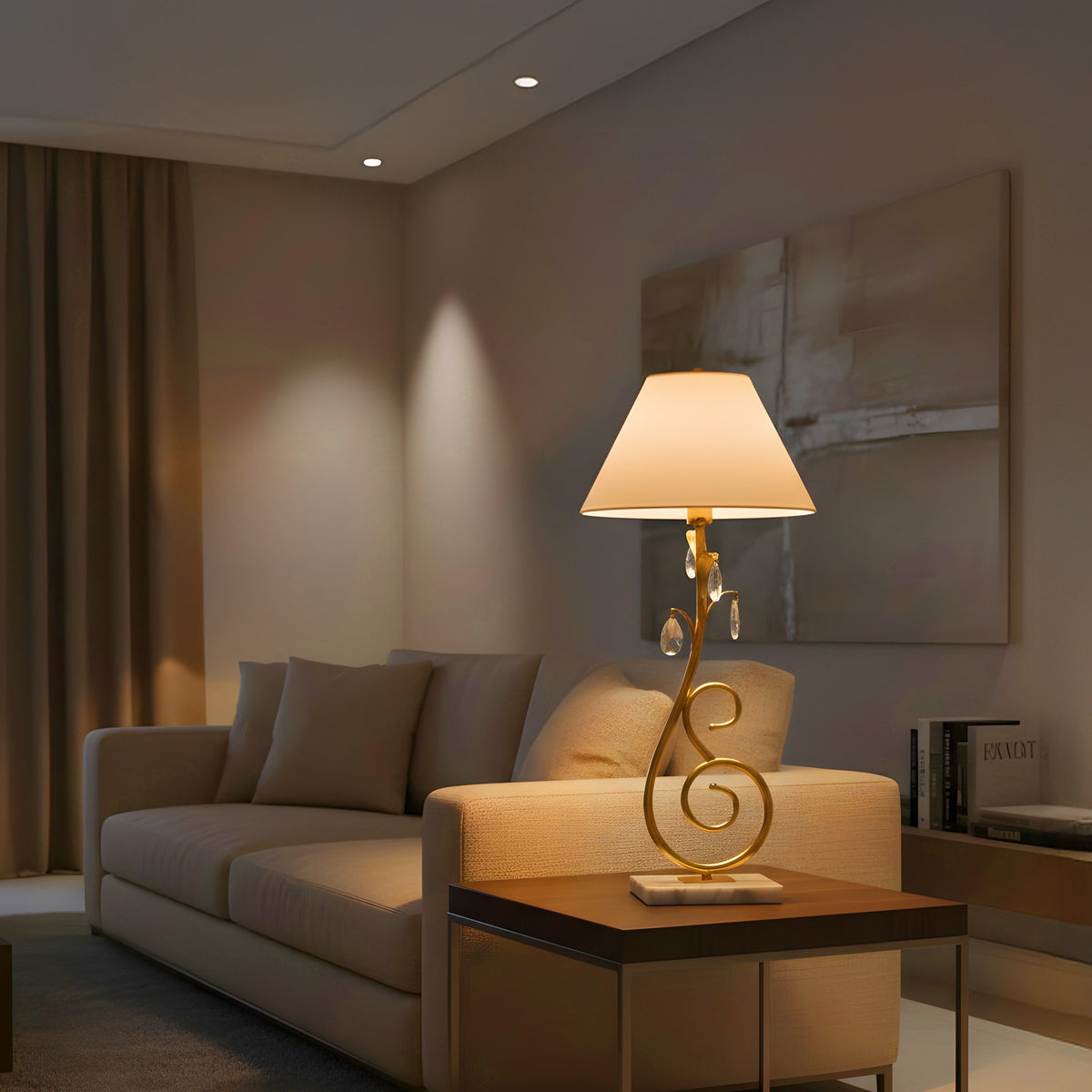White Teak Elowen Marble Table Lamp Gold and White