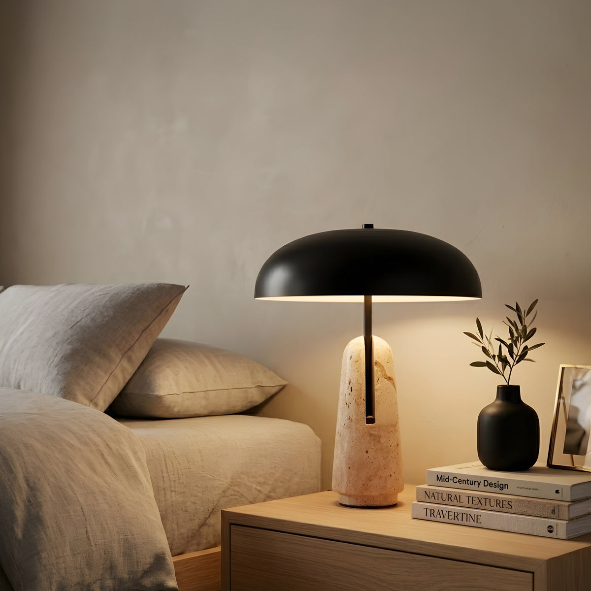 White Teak Korin Marble Table Lamp Beige and Black