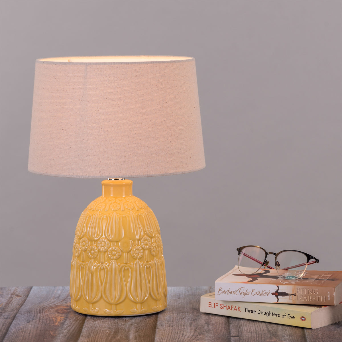 White Teak Come September Ceramic Table Lamp Yellow and Beige