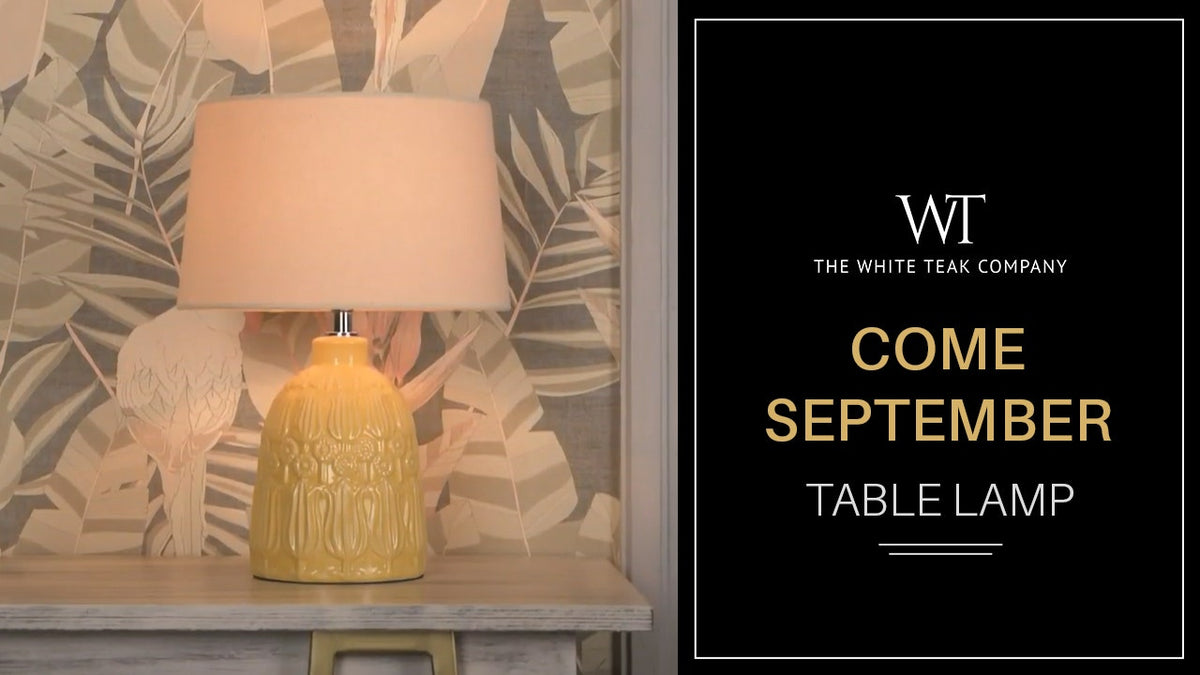 White Teak Come September Ceramic Table Lamp Yellow and Beige