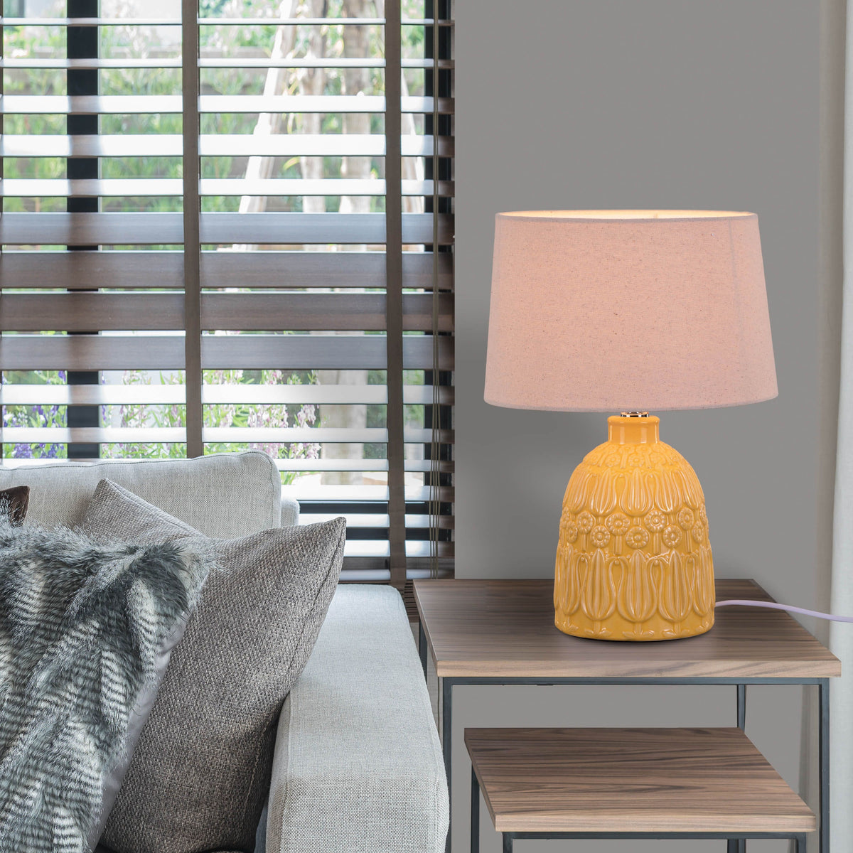 White Teak Come September Ceramic Table Lamp Yellow and Beige