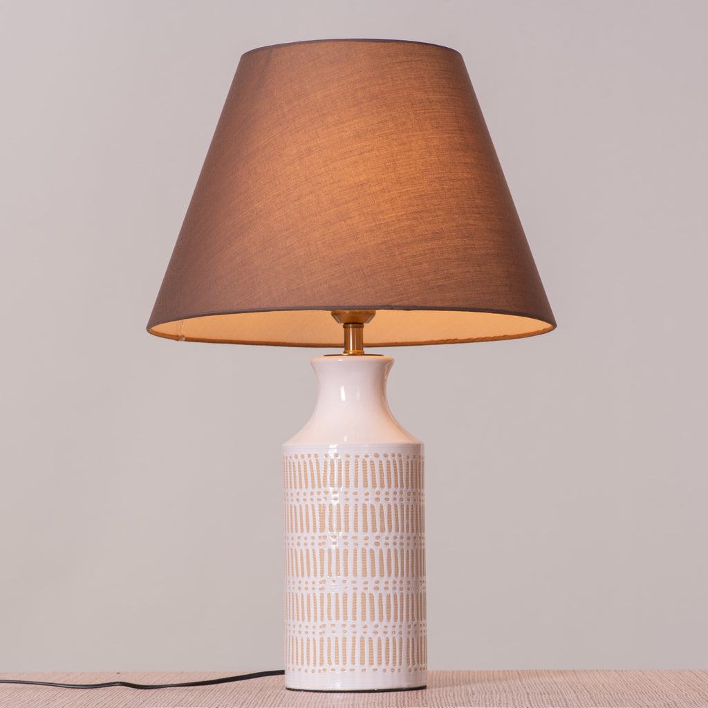 White Teak Tan Bran Ceramic Table Lamp Brown and Beige