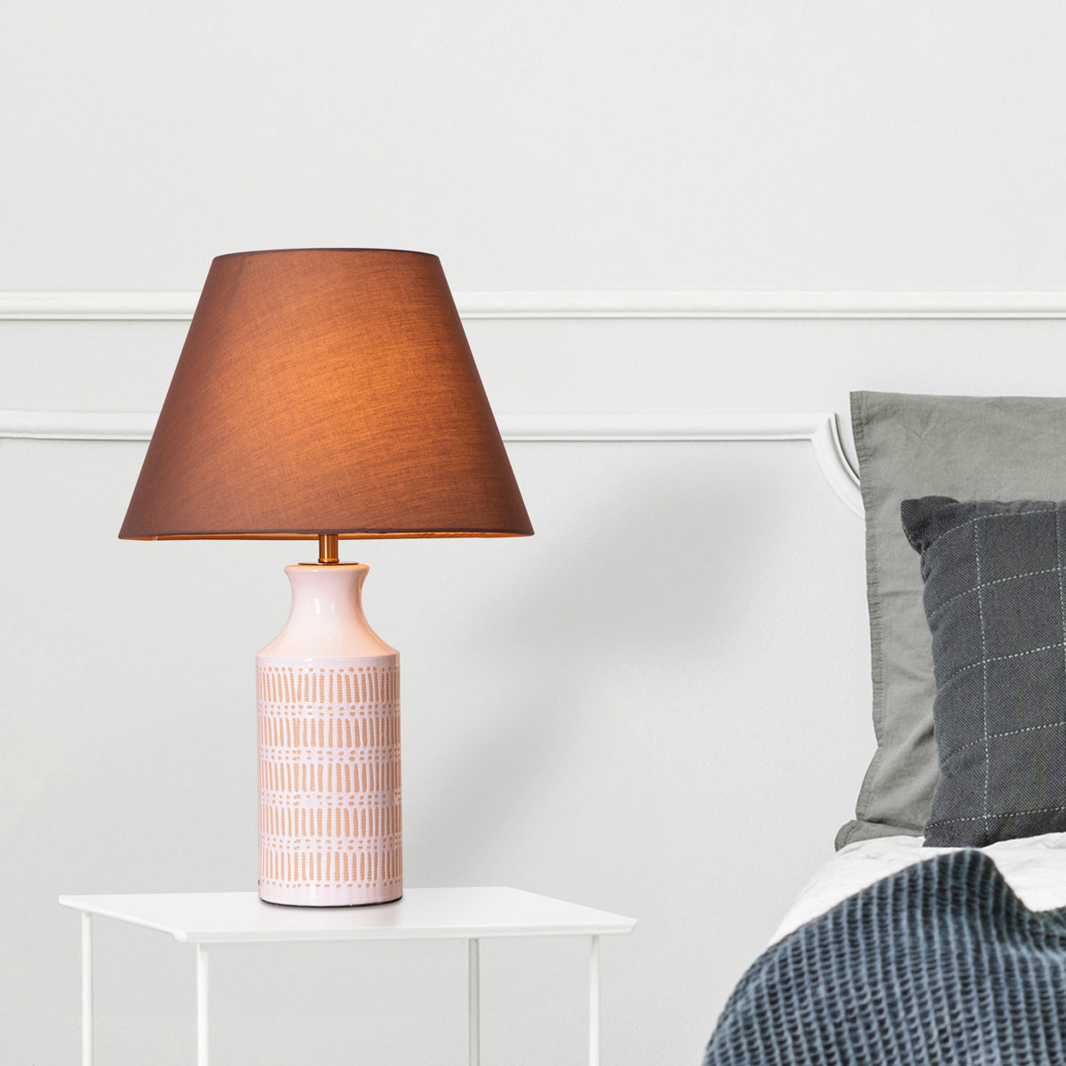 White Teak Tan Bran Ceramic Table Lamp Brown and Beige