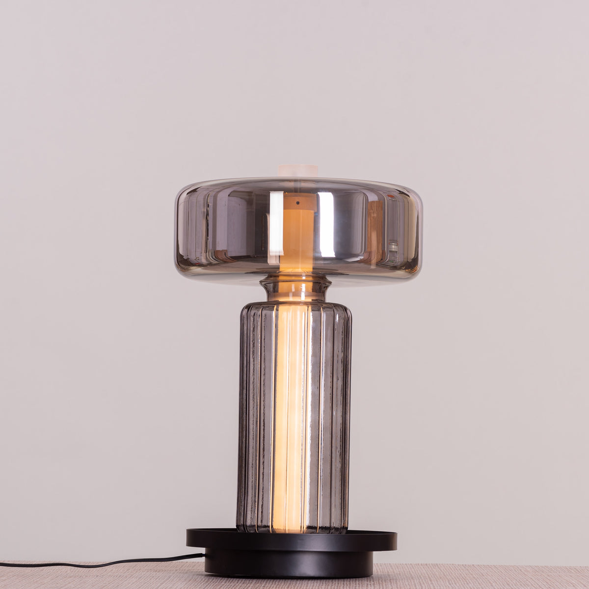 White Teak Kiss & Tell Glass Table Lamp Smokey Grey and Black