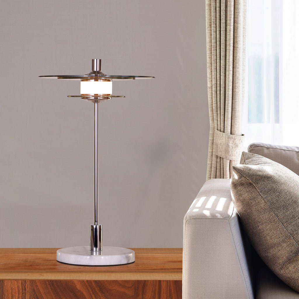 White Teak When It Counts Marble Table Lamp Chrome and Amber