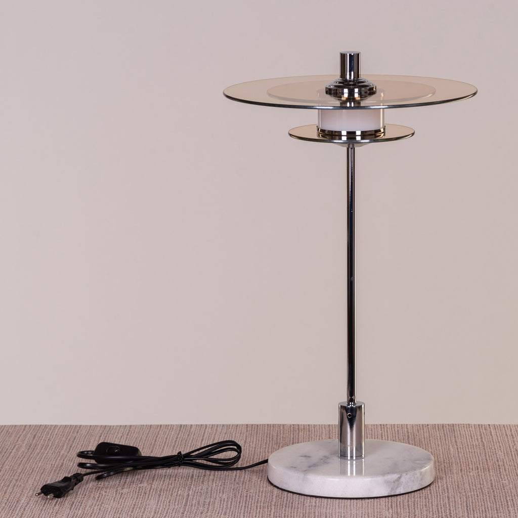 White Teak When It Counts Marble Table Lamp Chrome and Amber