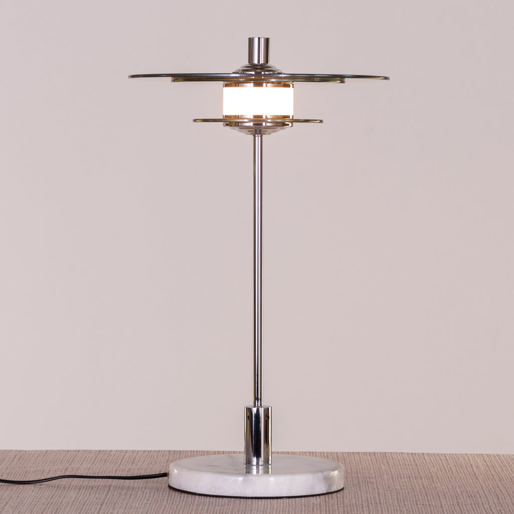 White Teak When It Counts Marble Table Lamp Chrome and Amber