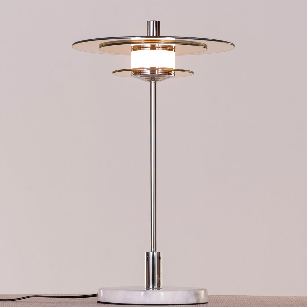 White Teak When It Counts Marble Table Lamp Chrome and Amber