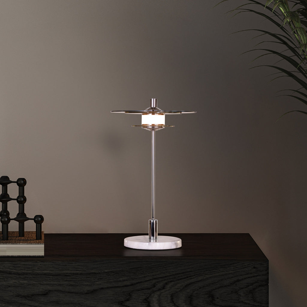 White Teak When It Counts Marble Table Lamp Chrome and Amber