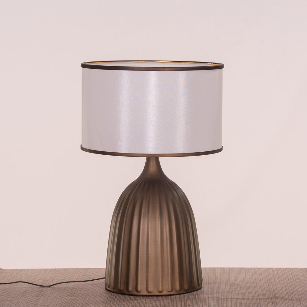 White Teak Loftlight Fabric Table Lamp Bronze Gold and White