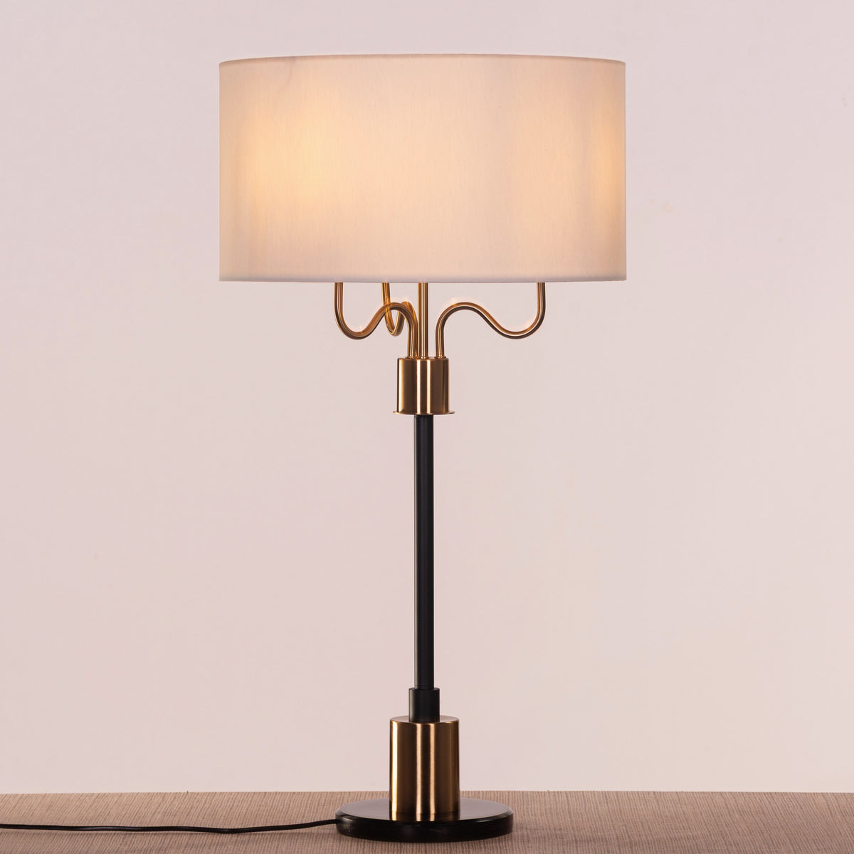 White Teak Magnolia Table Lamp Marble Base Black and Gold