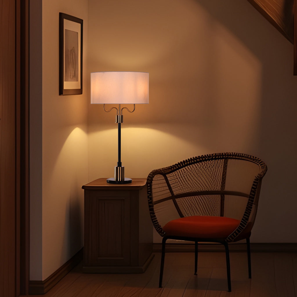 White Teak Magnolia Table Lamp Marble Base Black and Gold