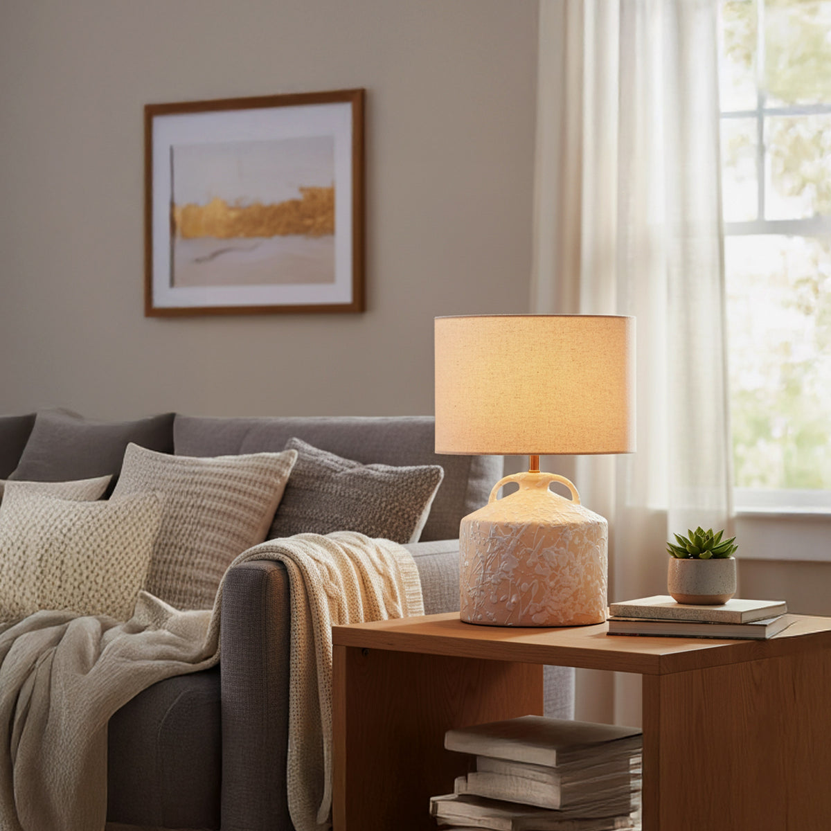 White Teak Lait De Lune Ceramic Table Lamp Beige and White